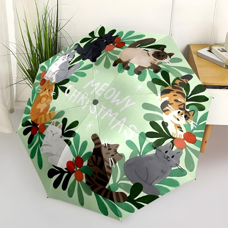 

1pc Cat Christmas Wreath Automatic Open/Close Folding Umbrella - Compact 8-Rib Design, Daily Use, Perfect Gift for Friends & Family yy251124209