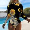 Costum de baie dintr-o piesă cu mânecă lungă pentru femei, cu fermoar frontal, imprimeu cu pete și flori, protecție împotriva erupțiilor cutanate, costum de baie pentru surf și plajă