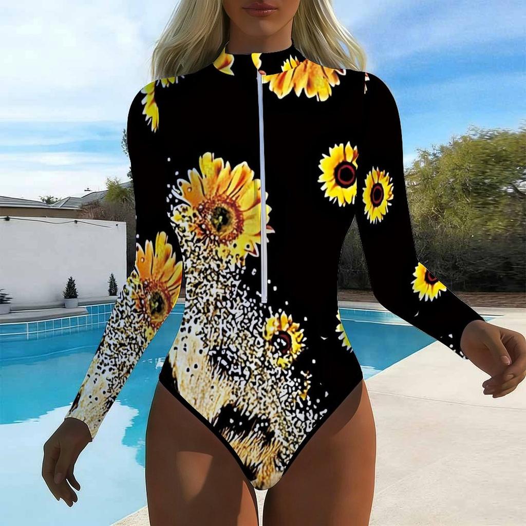 Costum de baie dintr-o piesă cu mânecă lungă pentru femei, cu fermoar frontal, imprimeu cu pete și flori, protecție împotriva erupțiilor cutanate, costum de baie pentru surf și plajă