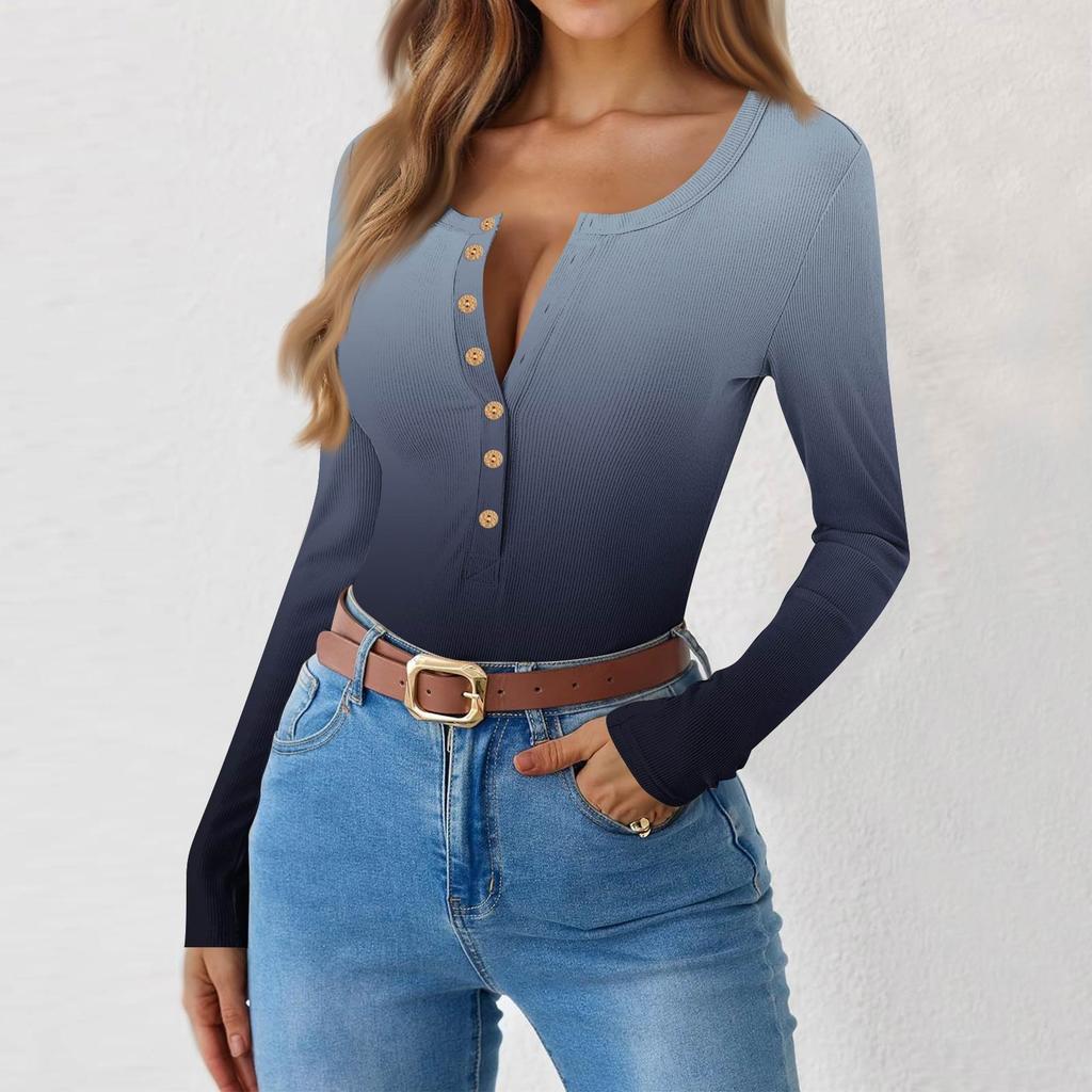 Women's  And Winter Slim Bottom T-shirt Fashion Casual Gradient Printing Round Neck Pullover Long Sleeve Top