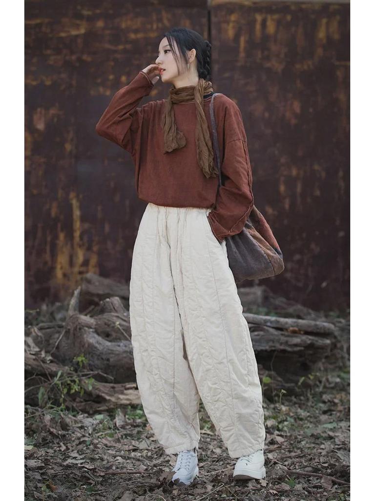 Women's Quilted Cotton-Linen Bloomers: Warm, Loose Carrot Pants for Autumn/Winter