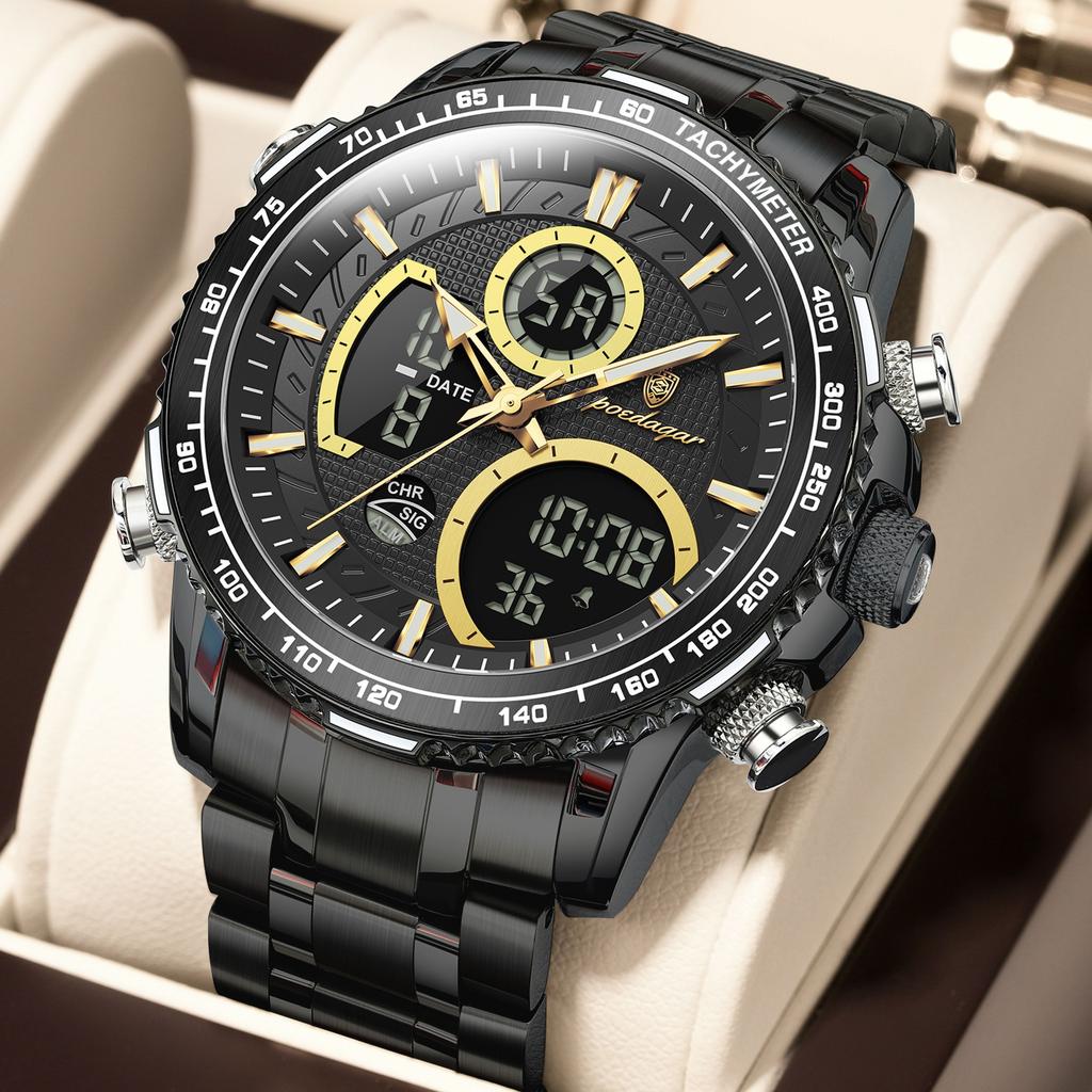 POEDAGAR Top LED Man Clock Waterproof Electronic Luxury Men's Watches Dual Time Display Digital Stainless Steel Quartz Watch