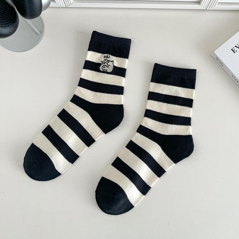 Women's Japanese Style Striped Cartoon Puppy Mid-Calf Cotton Socks - Cute, Breathable, and Versatile Embroidery Design.