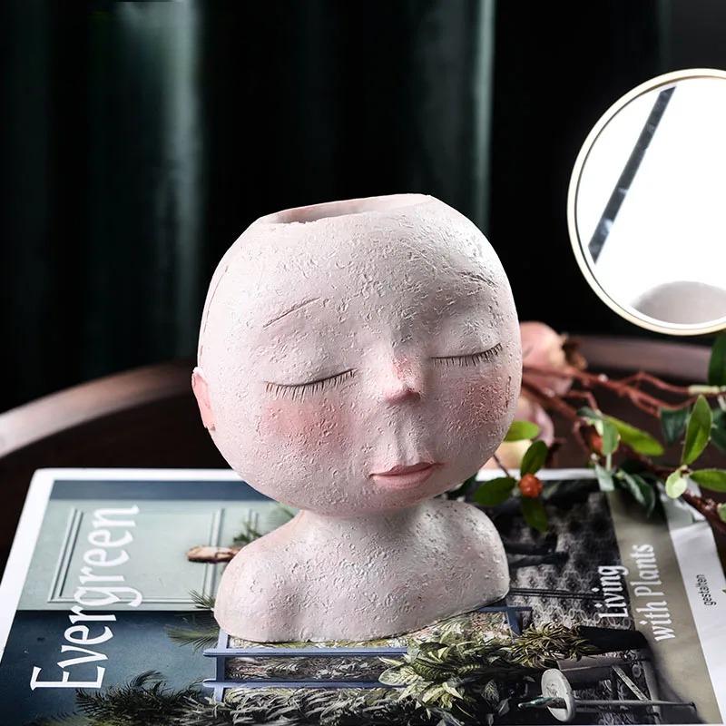 Nordic Resin Human Head Vase Art Flower Arrangement Doll Sculpture Flower Pot Potted Plant Home Garden Decoration