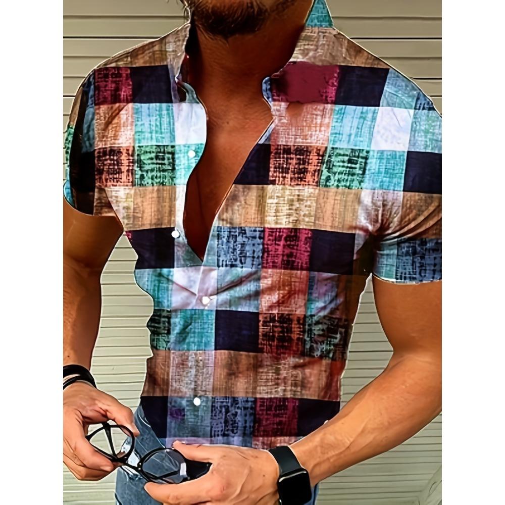 Herren Hawaiihemden Sommer Lässig Hawaii-Farbkaro Druck Knopf Revers Kurzarmhemden Herren Kurzarmhemden