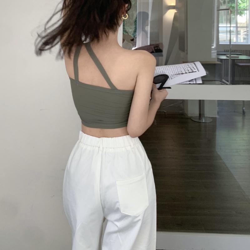 Camisole d'été pour femmes, épaules diagonales, haut polyvalent, nombril ouvert, haut court