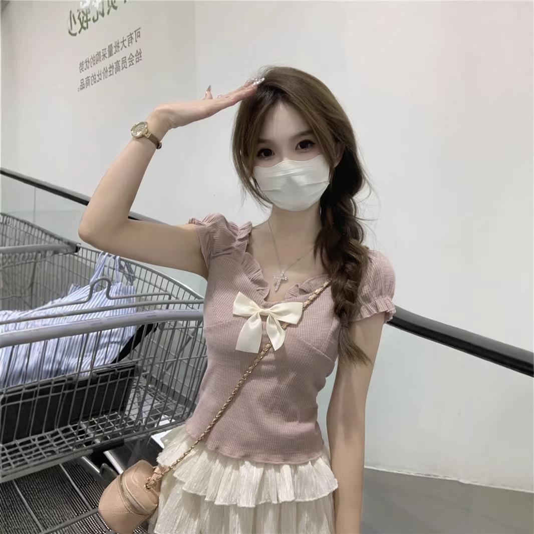 

Women s Slim Fit Black Bow Shoulder Cropped T-shirt One Size (up to 53kg) рожевий