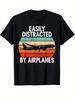 Unisexs Casual 100Cotton TShirt with Airplane Print Crew Neck Short Sleeve AllSeason Knit Fabric Tee