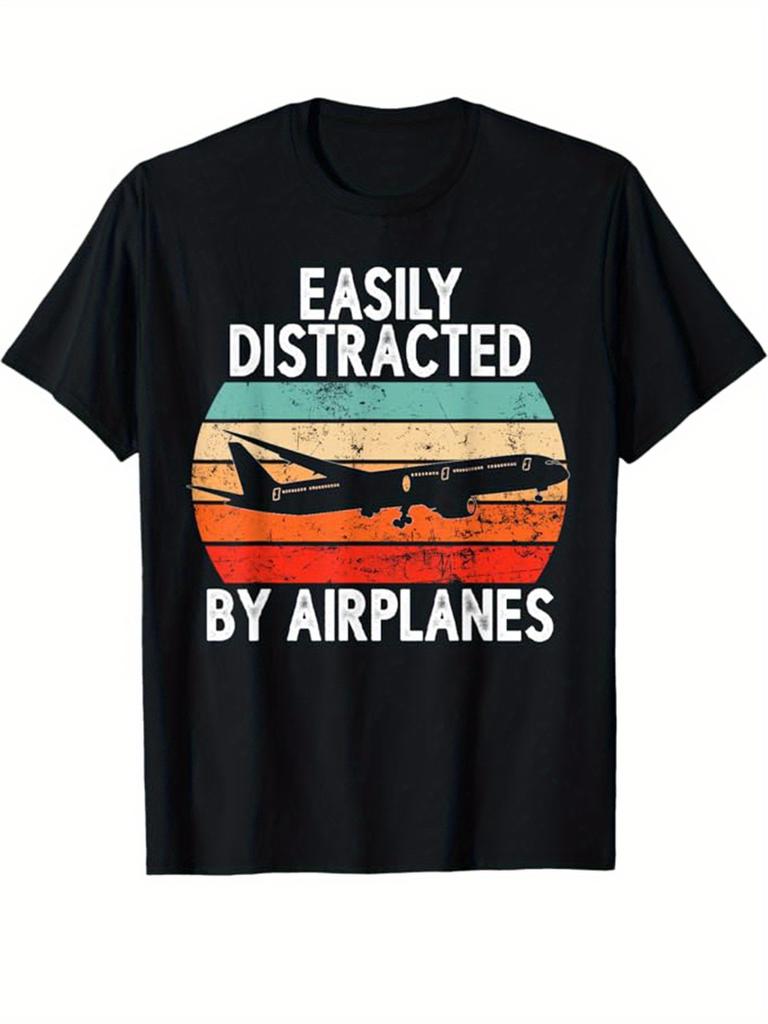Unisexs Casual 100Cotton TShirt with Airplane Print Crew Neck Short Sleeve AllSeason Knit Fabric Tee