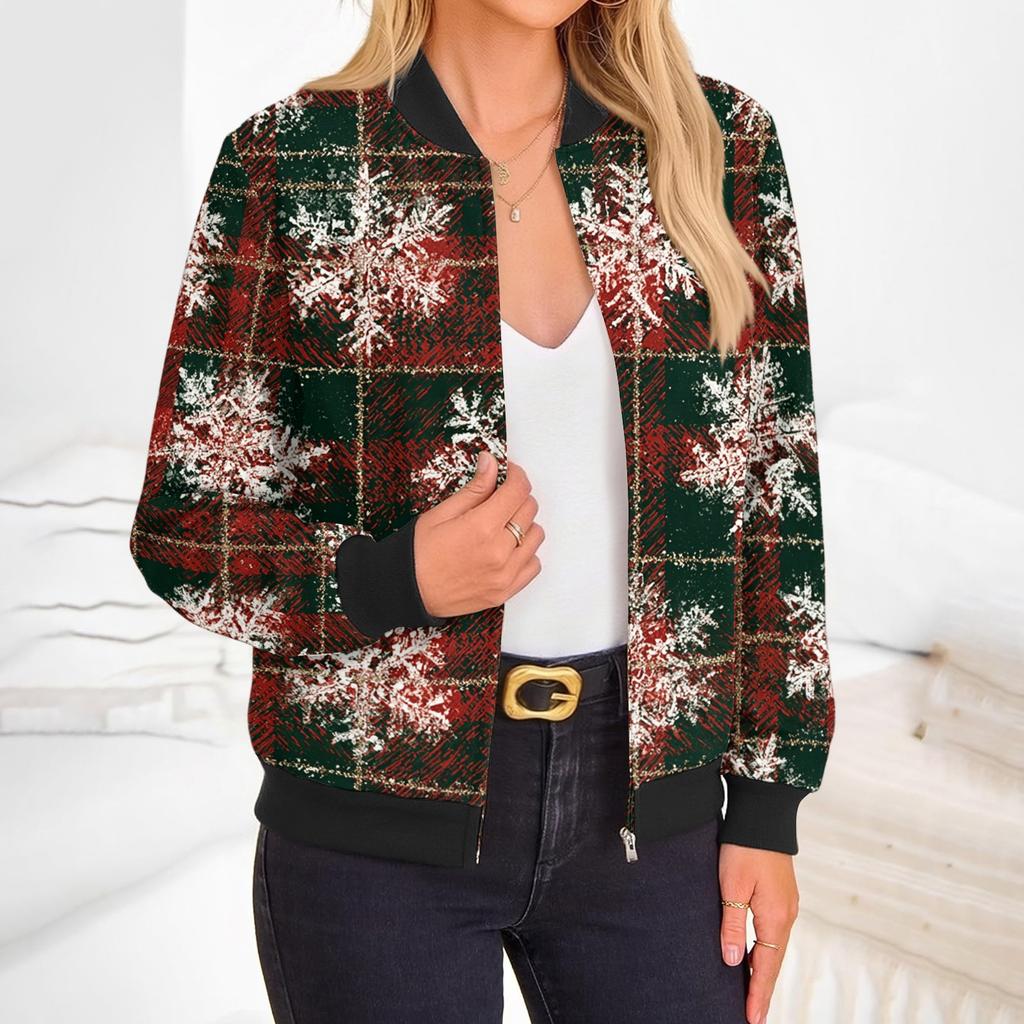 Women's Christmas Print Zip-Up Jacket with Long Sleeve Round Neck Casual Outerwear