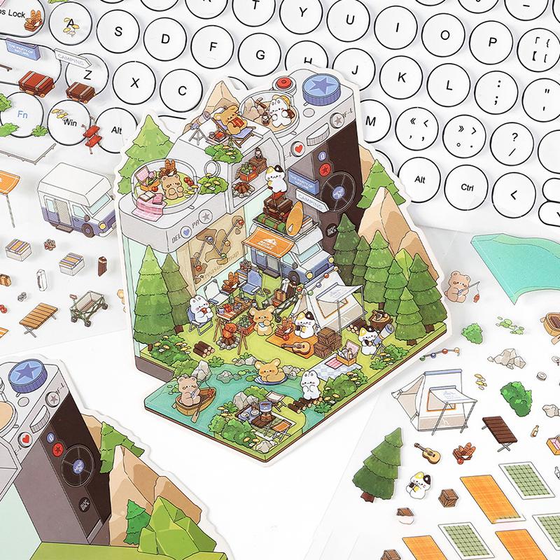 1Set Cartoon Miniature Scenes Landscape Stickers Creative 2.5D Cabin Scene DIY Decorative Stickers Festival Birthday Gifts