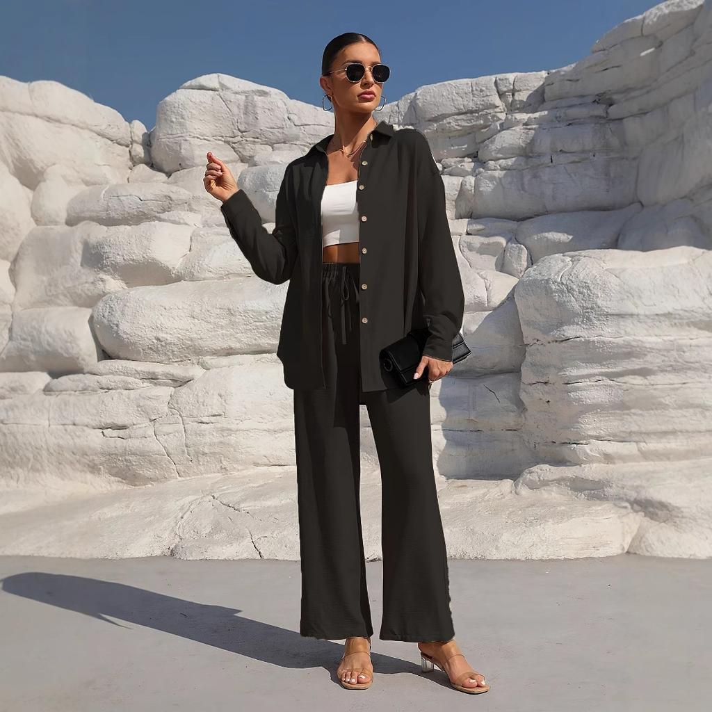 Women's Long Sleeve Shirt and Wide Leg Pants Suit Set