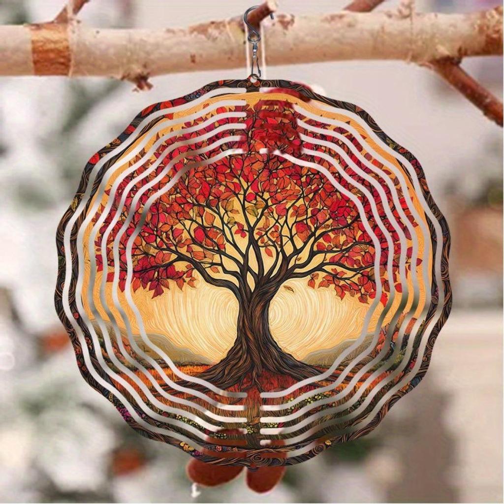 Beautiful Red Maple Tree Pattern Metal Hanging Wind Chime Outdoor Decorative Kinetic Garden Art for Halloween Christmas Thanksgiving Birthday