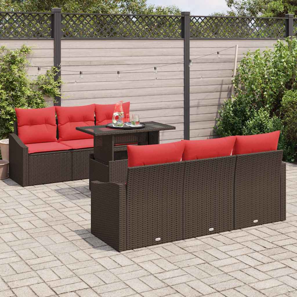 Garden Sofa Set 7 Pieces 6 Seater Brown and Red Poly Rattan