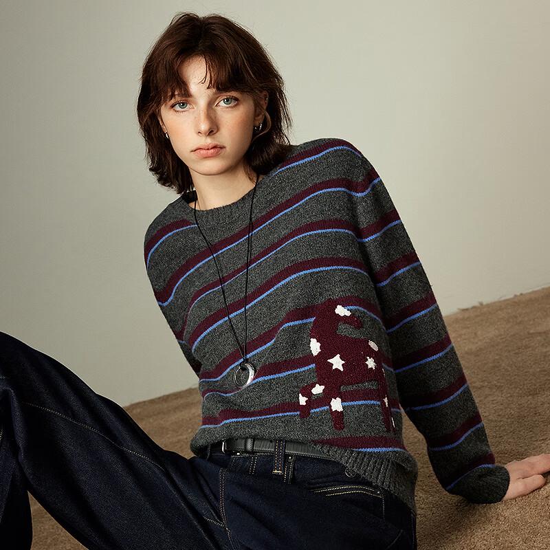 Women's Retro Striped Embroidered Round Neck Sweater