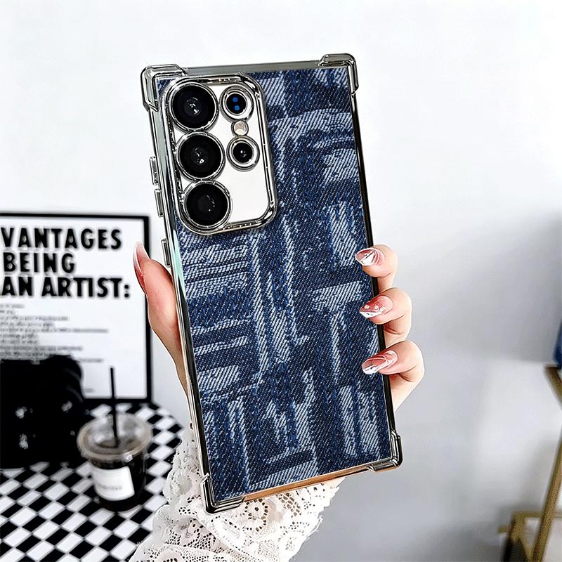 

Retro Denim Pattern Plating Phone Case For Samsung Galaxy S24 S25 FE S26 Edge S23 Ultra S22 S21 Plus S20 Anti-Fall Airabag Cover Samsung S21 FE