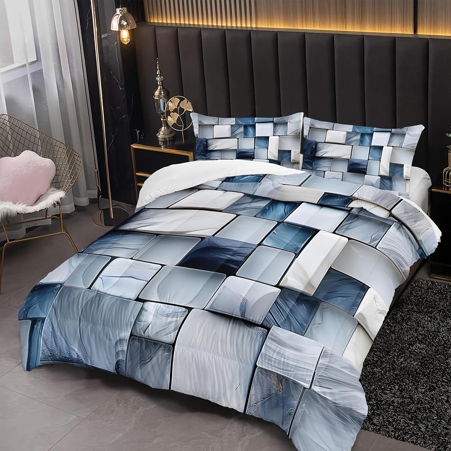 

Blue Gray Checkered Comforter Set 3D Grid Bedding Sets 3PCS Ultra-Soft Lightweight Microfiber 1 Comforter With 2 Pillowcases EU Twin(135x200cm)