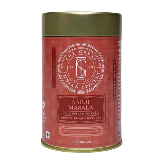 The Great Indian Spicery | Sabji Masala - Kitchen King | 100gm Tin - Steam Sterilisation, Farm Fresh, Authentic Blend of 12 Spices, Non-Adulterated