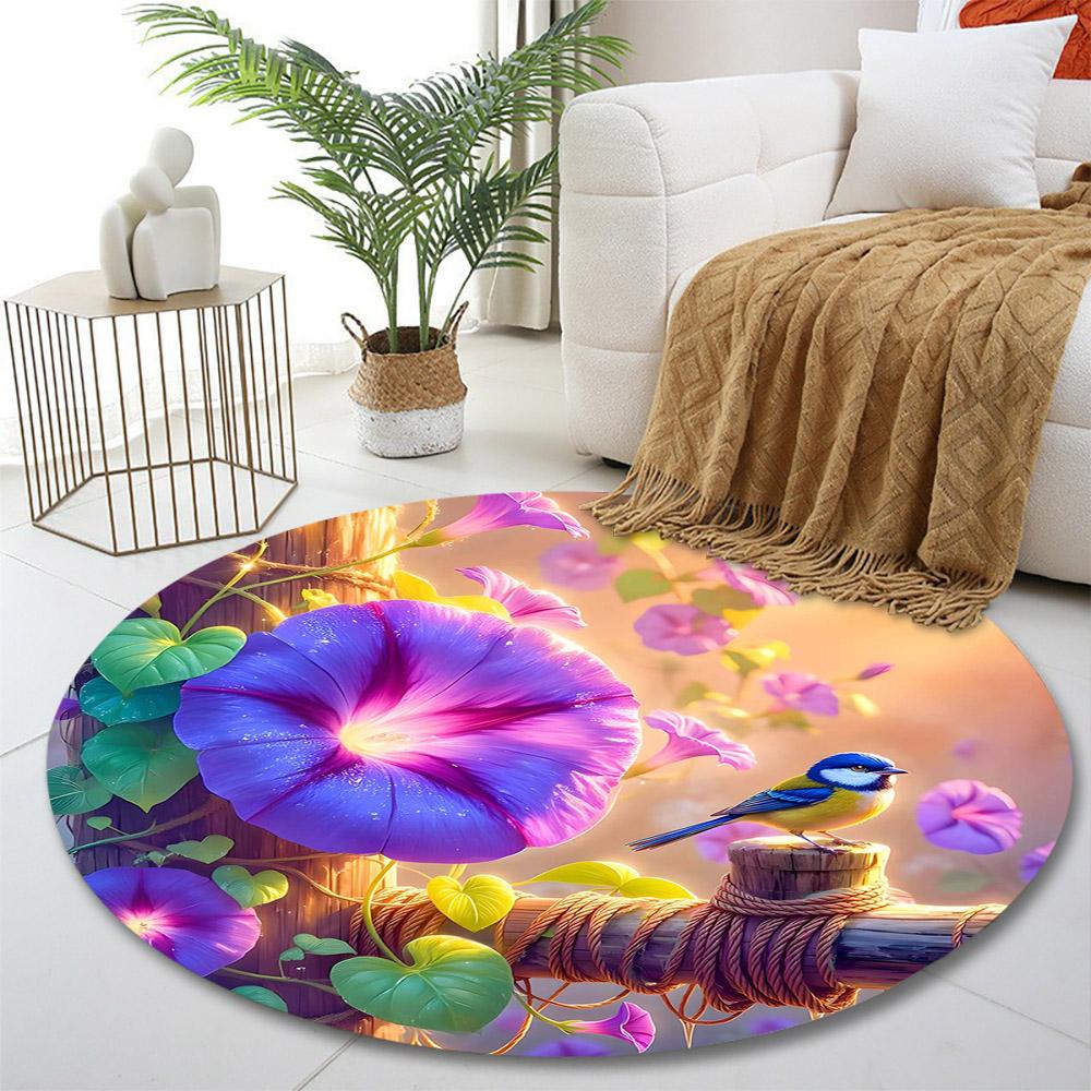 "Vibrant Morning Glory and Blue Bird" Print round rug, living room, bedroom, playroom carpet, non slip floor mat, gift