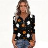 Women's Casual Halloween Print V Neck Button Front Three Quarter Sleeve T Shirt Top Lightweight Soft Fabric Comfortable Fit