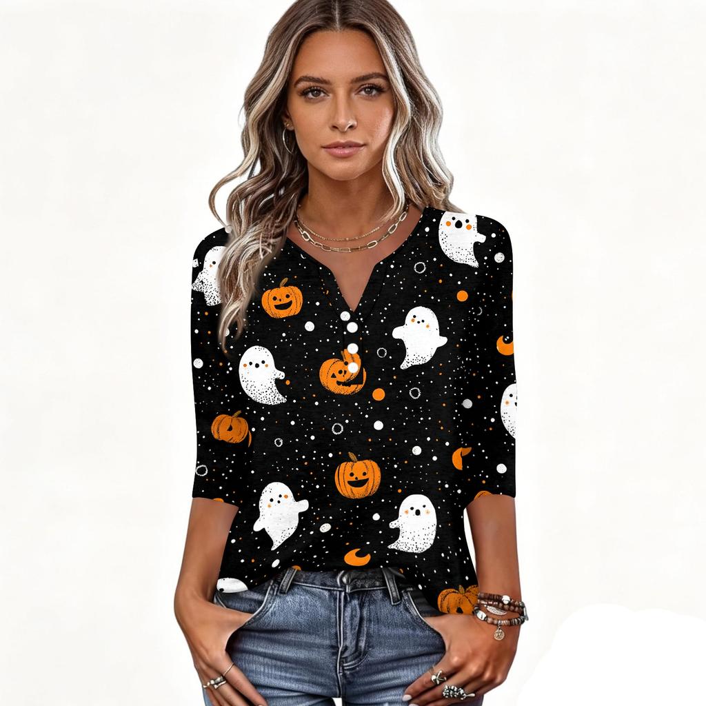 Women's Casual Halloween Print V Neck Button Front Three Quarter Sleeve T Shirt Top Lightweight Soft Fabric Comfortable Fit