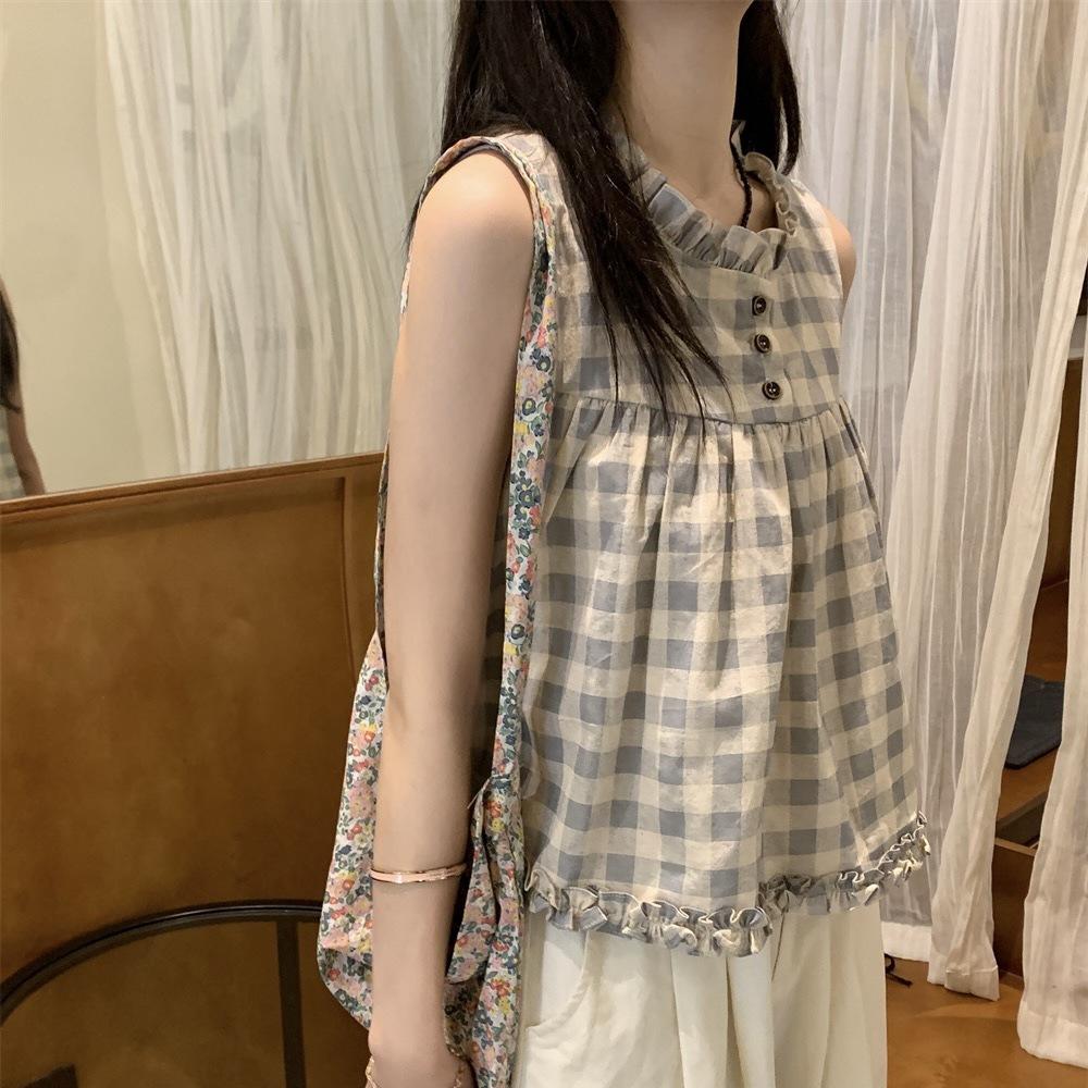 Korean fungus edge plaid sleeveless shirt women's summer new sweet wind loose casual age-reducing design top