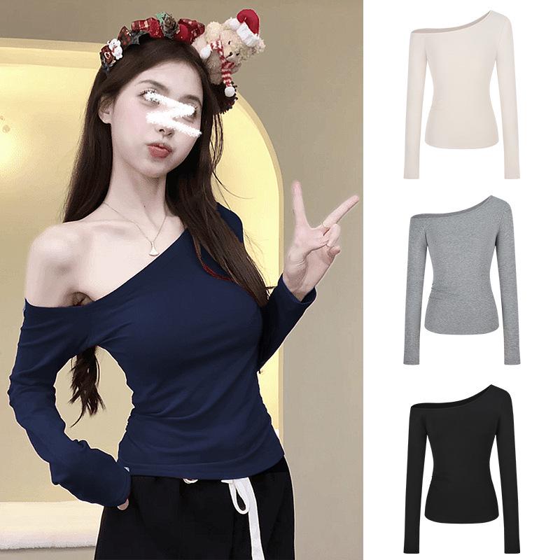 Pure Desire Slim Fit Off-Shoulder Long-Sleeve T-Shirt for Women - Versatile Early Autumn Top