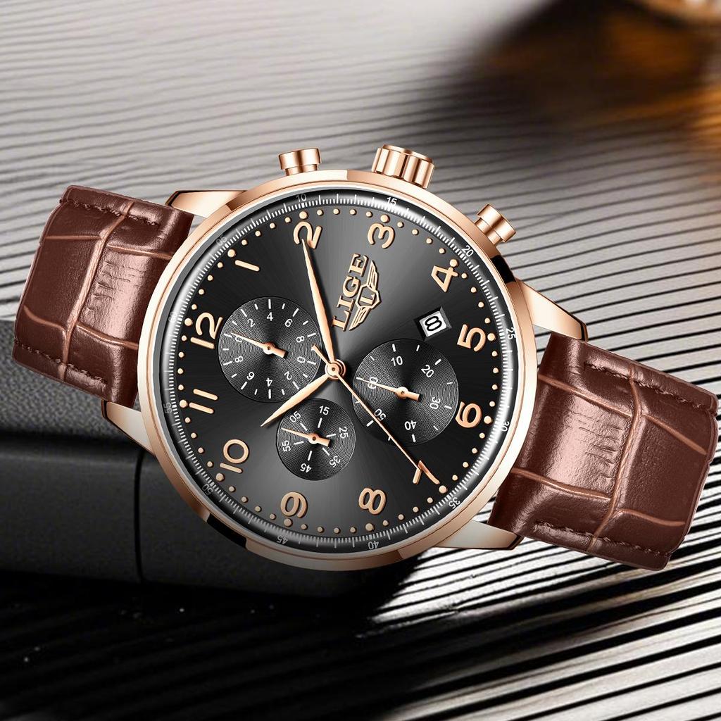 LIGE TOP Pánské hodinky Ležérní Business Vodotěsné hodinky Jednoduché Kožené Kalendář Pánské Křemenné hodinky