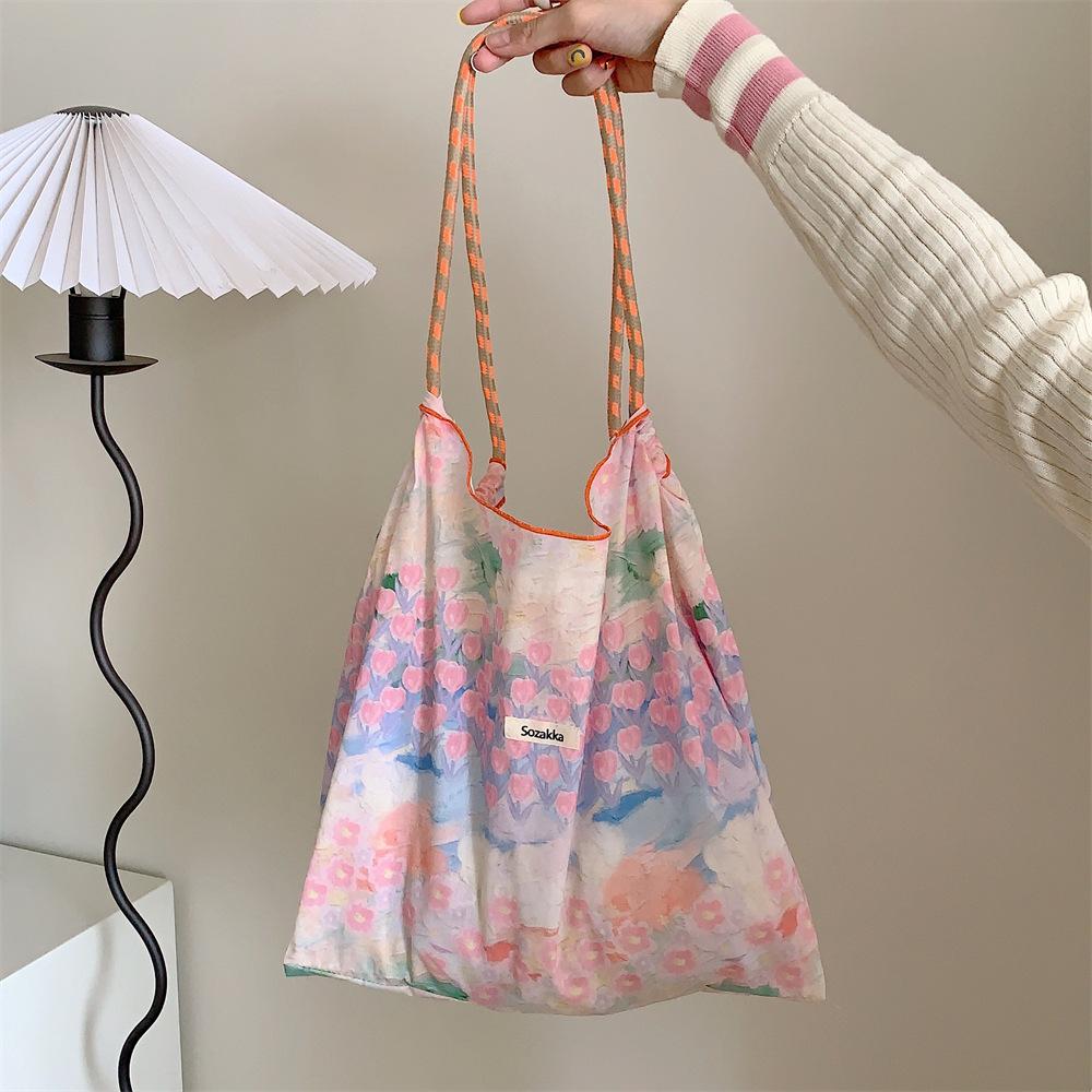 Hanfeng Summer Largecapacity Hand Carry Shoulder Bag Drawstring Shopping Bag Fresh Floral Tote Bag Underarm Bag