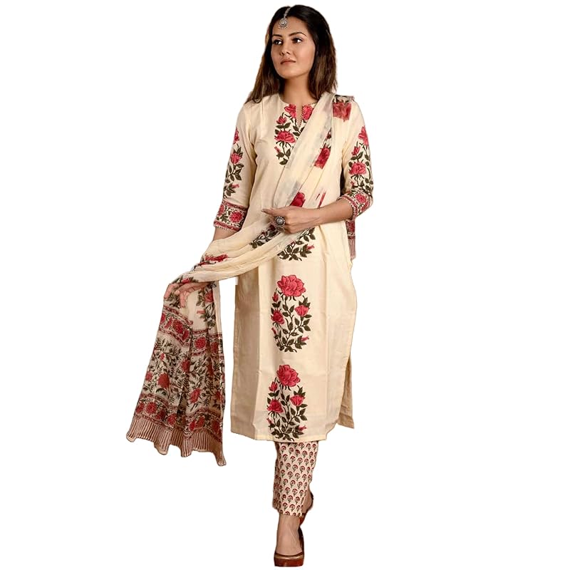GoSriKi Women's Rayon Blend Straight Printed Kurta with Pant & Dupatta (Actual-Cream-GS_L_Cream_Large)