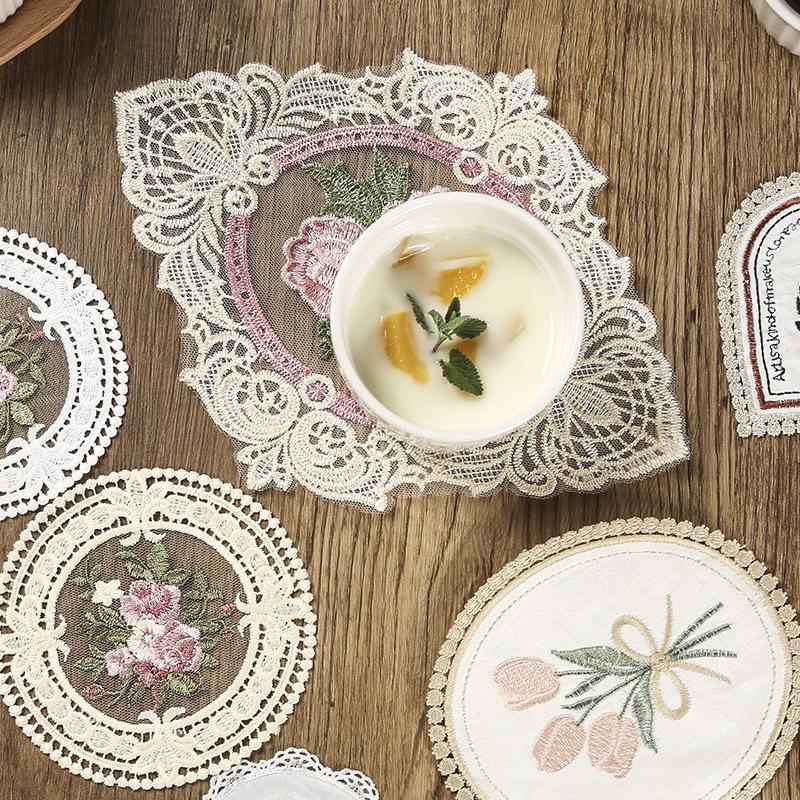 Ins Lace Table Cloth Decoration Tablecloth Embroidery Cup Pad Coaster Aesthetic Lace Cloth Tabletop Decoration Home Decor