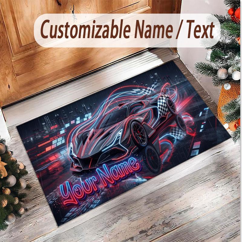 Auto-Rennsport-Thema Weicher Kristall-Samt Teppich Benutzerdefinierter Name & Text Druck Rutschfester Boden Teppich für Schlafzimmer Wohnzimmer