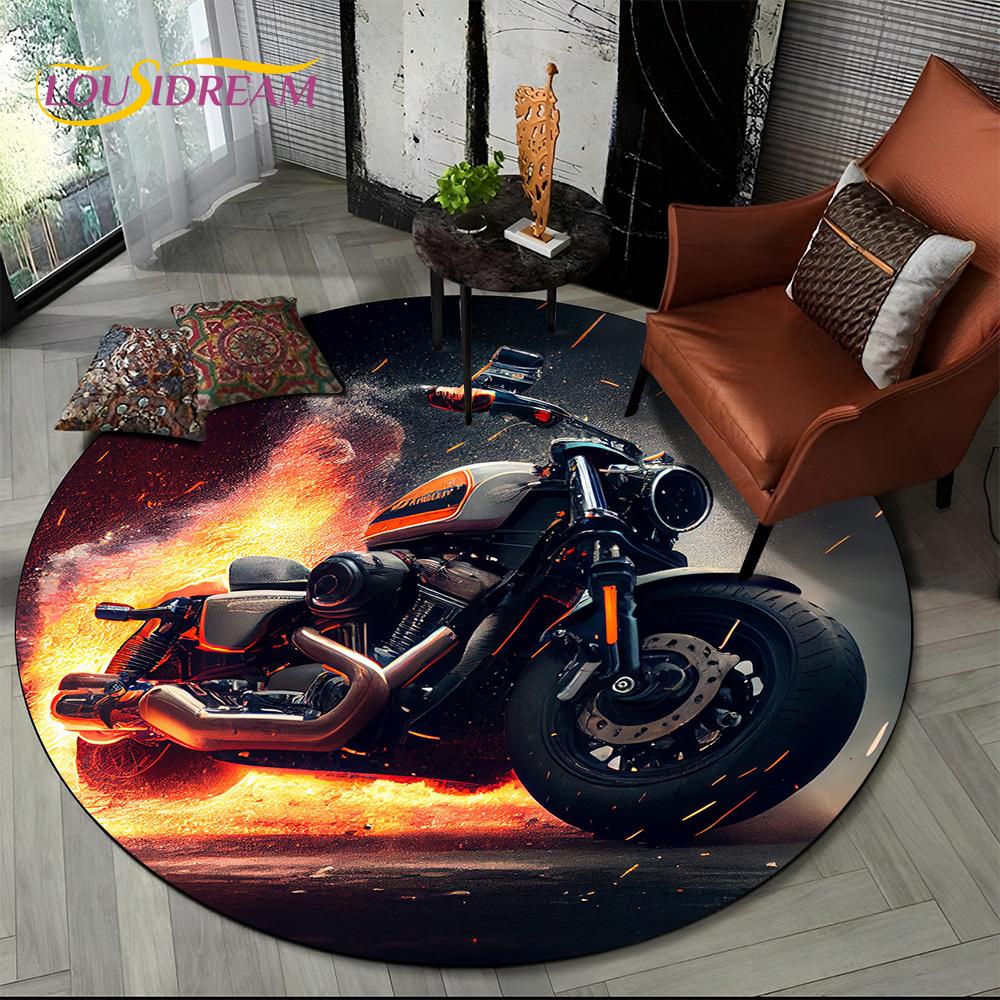 3D Retro Vintage Motorcycle Cartoon Round Area Carpet Rug for Living Room Bedroom Kid Playroom Decor,Pet Area Rug Non-slip Gift