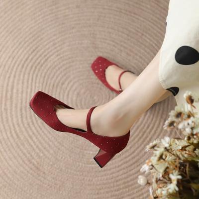 New Autumn Black Polka Dot Diamond Embedded Thick Heel Square Head Single Shoes French Style One Strap High Heel Mary Jane Women