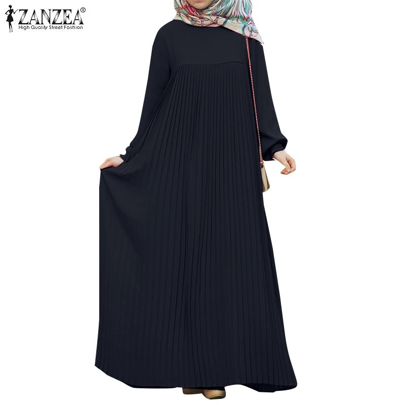 ZANZEA Women Casual Round Neck Solid Color Loose Long Sleeve Dress