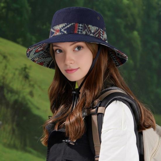 Bucket Hat Extra Large Brim Adjustable Fit Ethnic Style Cowboy Fisherman Hat Windproof Buckle Foldable Outdoor UV Blocking