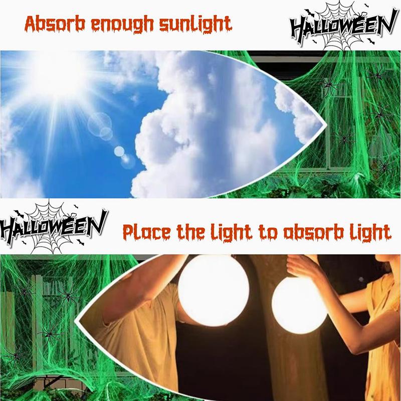 White Stretch Cobwebs Glow Decor Halloween Black Plastic Spiders Spider Web Indoor Creepy Party Supply Dark Glow Essential