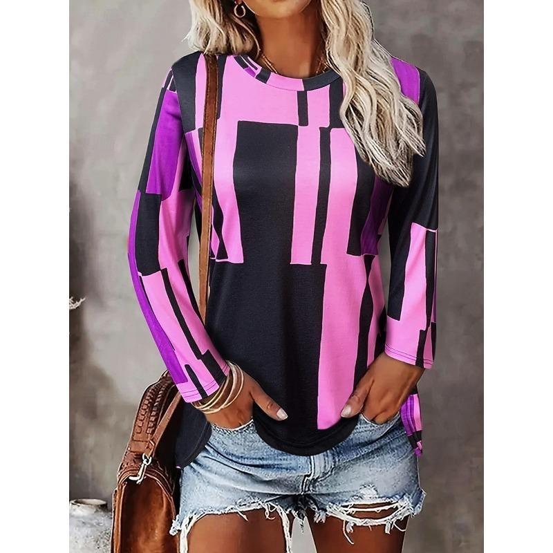 Leopard Striped Print Autumn Long Sleeves Women's T-shirts Fashion Casual Tops Daily Loose Crew Neck Women Clothing