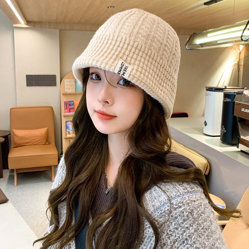Knitted bucket hat women's sweet versatile bucket wool cold hat warm ear protection small knitted basin hat