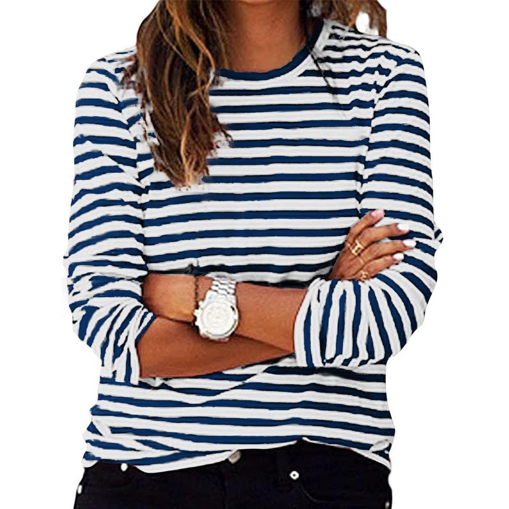 Women's Fashion Casual Long Sleeve Round Neck T-Shirt Striped Top T-Shirt