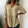 Women's Fashion Loose Fit Cotton Linen Blouse Three Quarter Sleeve V Neck Casual Tunic Top for Daily Wear