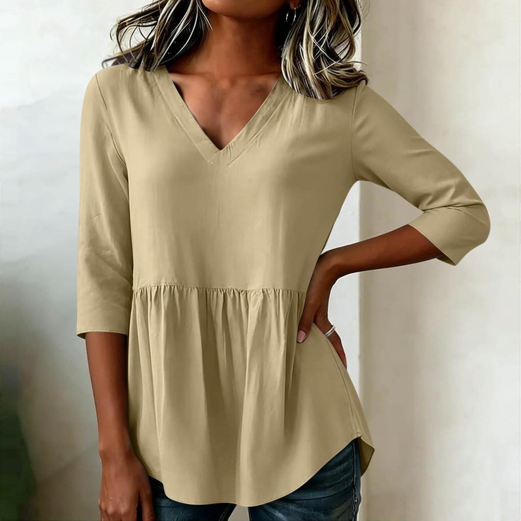 Women's Fashion Loose Fit Cotton Linen Blouse Three Quarter Sleeve V Neck Casual Tunic Top for Daily Wear