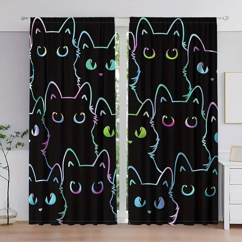 2Pcs - Cartoon Neon Cat Animal Pattern Printed Curtains, Window Decorations, Home Decorations, Room Decorations
