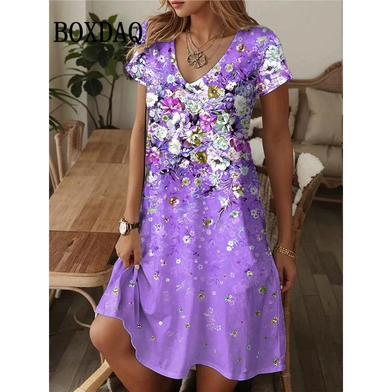 Abiti Estivi Taglie Forti Donna Vintage Floreale Stampa 3D Abito Casual Scollo a V Manica Corta Abiti Larghi Abbigliamento Donna