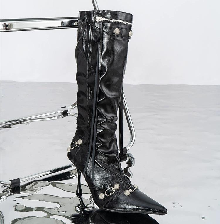 

Women s Boots Black Metal Decoration Knight Boots Fashion Tassels Side Zippers Stiletto Nightclub Elegant Pointed Toe Women Shoe 35 чорний