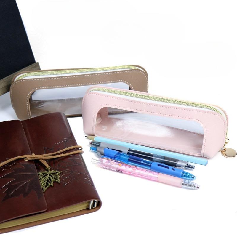 Transparent Waterproof PU Pencil Case Window Cosmetic Brush Storage Bag Travel Cosmetic Brush Box with Zipper Storage Bag