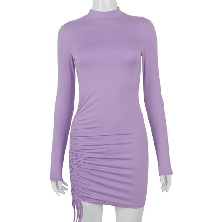 Long Sleeve Ruched Bodycon Dress Women Turtleneck Bandage Mini Dresses Autumn Black Skinny Stretchy Party Vestidos