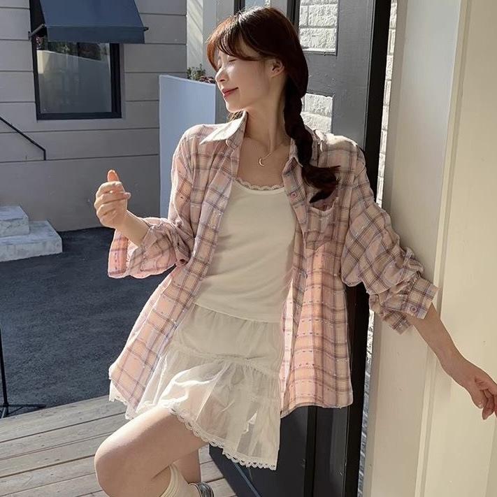 Korean Pink Plaid Shirt for Women, New Spring and Autumn Design, Niche Design Long-sleeve Top, Loose Casual Outerwear Shirt