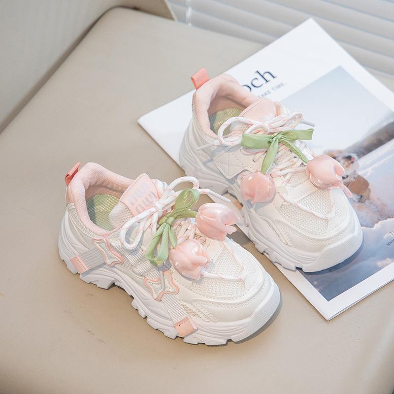 

Кроссовки для девочек, цветок тюльпана, дышащие, папины кроссовки, весна и осень 2025, новая коллекция, сетчатые повседневные белые кроссовки для девочек 32-37 yards, 6 pairs in one hand розовый