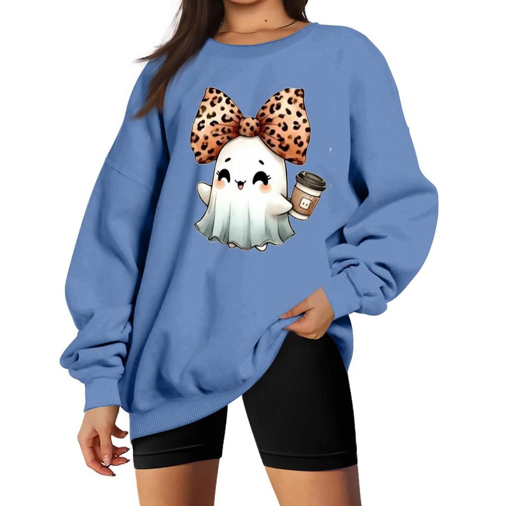 Women's Comfortable Round Neck Long Sleeve Sweatshirt Loose Fit Casual with Color and Halloween Print